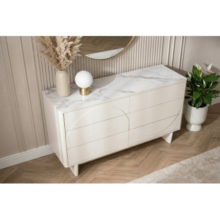 Buffet bas SAVOY 150cm blanc 3D plateau céramique marbre