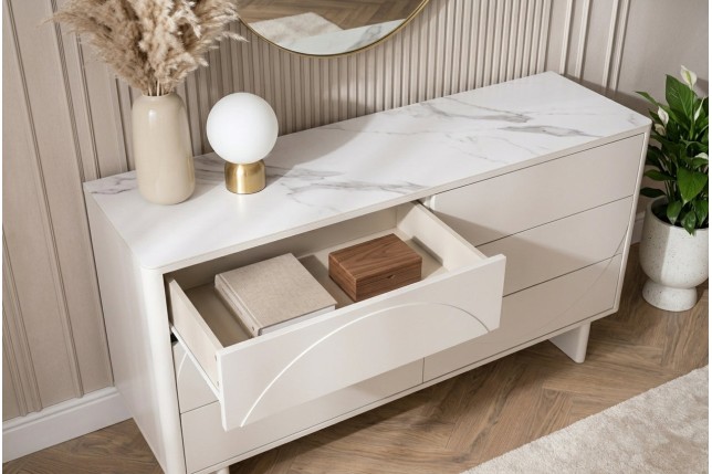Buffet bas SAVOY 150cm blanc 3D plateau céramique marbre