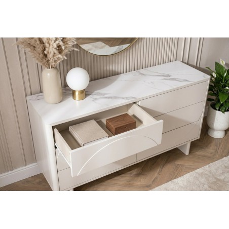 Buffet bas SAVOY 150cm blanc 3D plateau céramique marbre