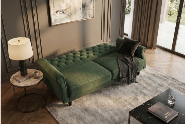 Canapé-lit convertible velours vert mousse 220cm