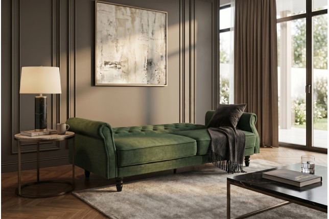 Canapé-lit convertible velours vert mousse 220cm