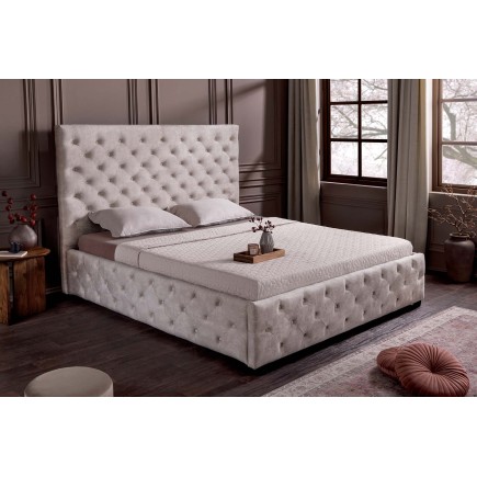 Lit PARIS 160x200cm style Chesterfield velours champagne beige avec coffre de rangement