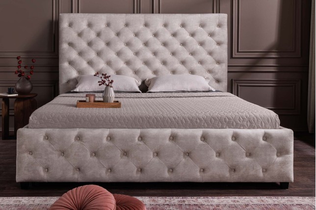 Lit PARIS 160x200 Chesterfield velours champagne beige rangement