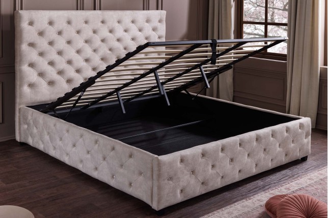 Lit PARIS 160x200cm style Chesterfield velours champagne beige avec coffre de rangement