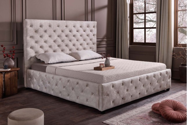 Lit PARIS 180x200 Chesterfield Velours Champagne + Rangement