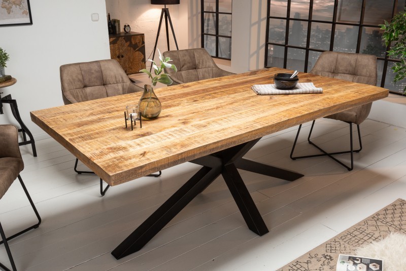 Table sale à manger 180 cm en bois massif et pied Mikado métal noir design