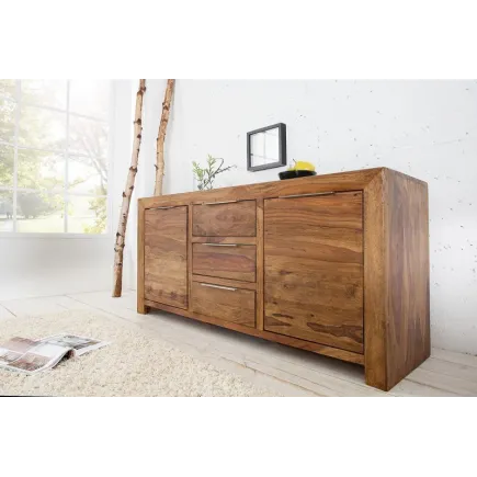 Buffet Bois Massif Naturel 140 cm – Bahut de Salon avec Rangement
