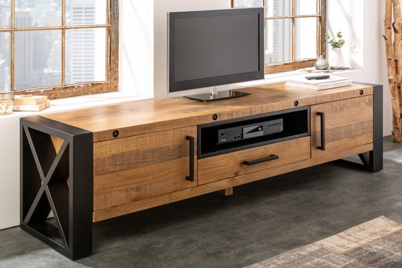 Meuble TV de 200cm en bois massif de style industriel coloris bois et noir