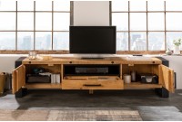 Meuble TV de 200cm en bois massif de style industriel coloris bois et noir