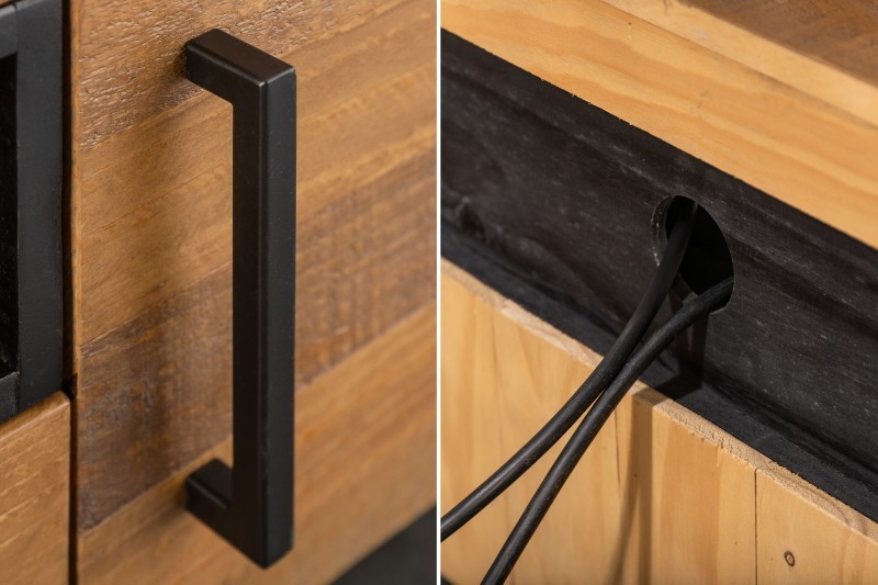 Meuble TV de 200cm en bois massif de style industriel coloris bois et noir