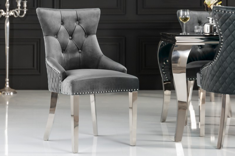 Chaise salle à manger LISA, élégante, en velours, gris, design baroque