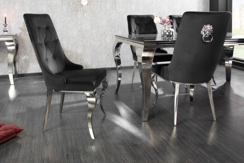 Chaises design capitonné PAULA avec pied baroque en acier inoxydable, velours, taupe Chaises design capitonné PAULA avec pied baroque en acier inoxydable, velours, taupe