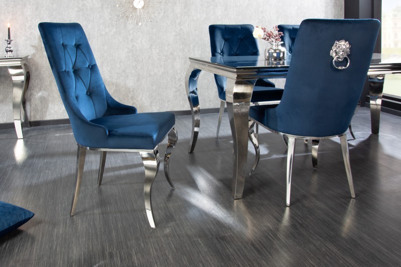 Chaises design capitonné PAULA avec pied baroque en acier inoxydable, velours, bleu Chaises design capitonné PAULA avec pied baroque en acier inoxydable, velours, bleu
