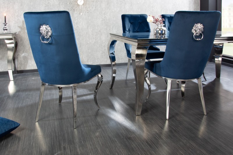 Chaises design capitonné PAULA avec pied baroque en acier inoxydable, velours, bleu Chaises design capitonné PAULA avec pied baroque en acier inoxydable, velours, bleu