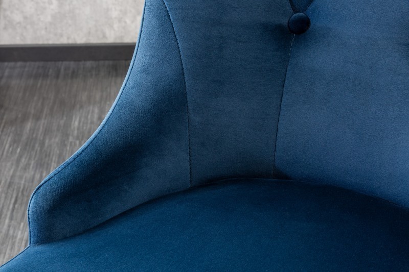 Chaises design capitonné PAULA avec pied baroque en acier inoxydable, velours, bleu Chaises design capitonné PAULA avec pied baroque en acier inoxydable, velours, bleu