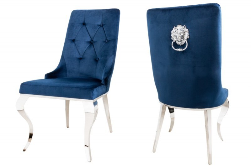 Chaises design capitonné PAULA avec pied baroque en acier inoxydable, velours, bleu Chaises design capitonné PAULA avec pied baroque en acier inoxydable, velours, bleu
