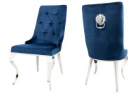 Chaises design capitonné PAULA avec pied baroque en acier inoxydable, velours, bleu
