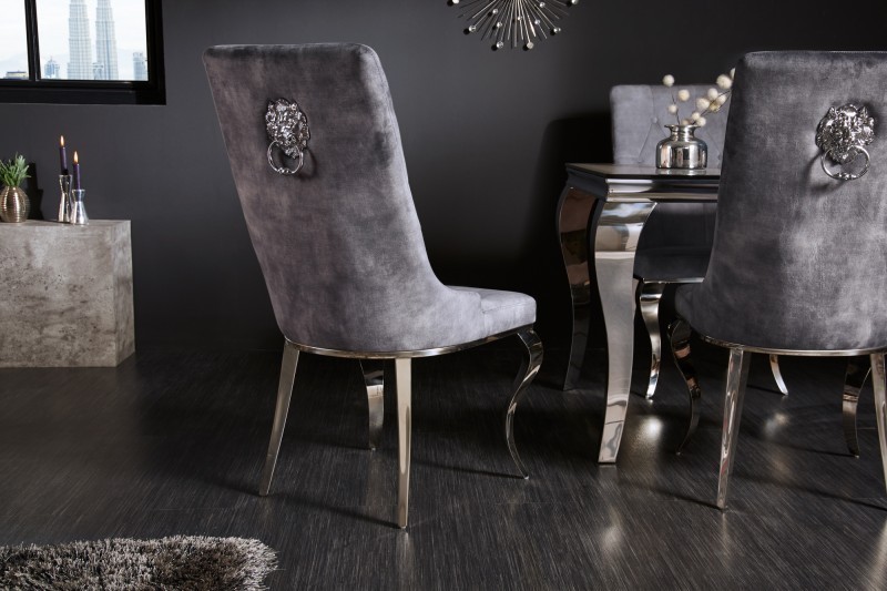 Chaises design capitonné PAULA avec pied baroque en acier inoxydable, velours, gris Chaises design capitonné PAULA avec pied baroque en acier inoxydable, velours, gris