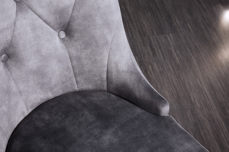 Chaises design capitonné PAULA avec pied baroque en acier inoxydable, velours, gris Chaises design capitonné PAULA avec pied baroque en acier inoxydable, velours, gris
