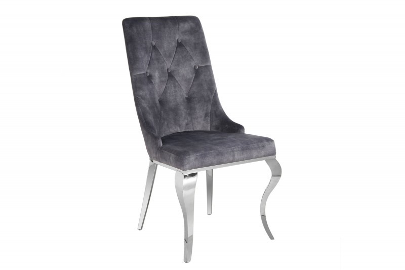 Chaises design capitonné PAULA avec pied baroque en acier inoxydable, velours, gris Chaises design capitonné PAULA avec pied baroque en acier inoxydable, velours, gris