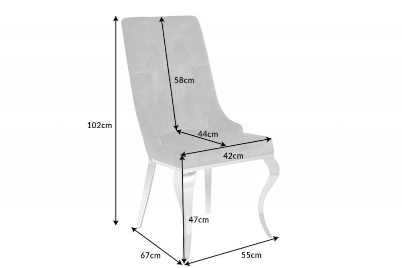 Chaises design capitonné PAULA avec pied baroque en acier inoxydable, velours, gris Chaises design capitonné PAULA avec pied baroque en acier inoxydable, velours, gris