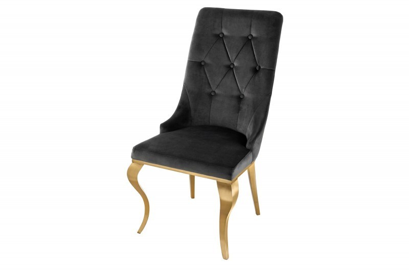Chaises design capitonné PAULA avec pied baroque en acier inoxydable, velours, noir, doré Chaises design capitonné PAULA avec pied baroque en acier inoxydable, velours, noir, doré