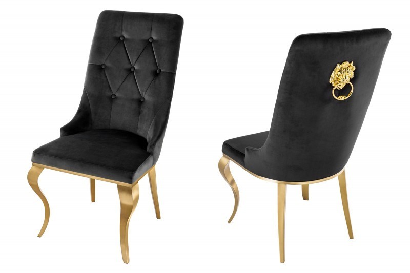 Chaises design capitonné PAULA avec pied baroque en acier inoxydable, velours, noir, doré Chaises design capitonné PAULA avec pied baroque en acier inoxydable, velours, noir, doré