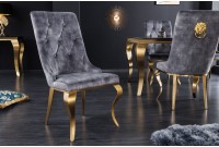 Chaises design capitonné PAULA avec pied baroque en acier inoxydable, velours, gris, doré