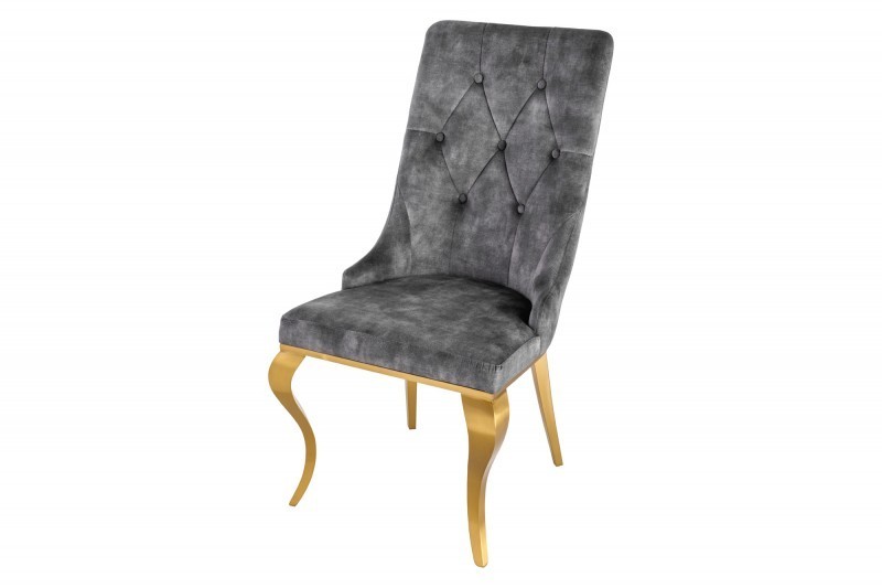 Chaises design capitonné PAULA avec pied baroque en acier inoxydable, velours, gris, doré Chaises design capitonné PAULA avec pied baroque en acier inoxydable, velours, gris, doré