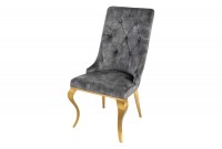 Chaises design capitonné PAULA avec pied baroque en acier inoxydable, velours, gris, doré