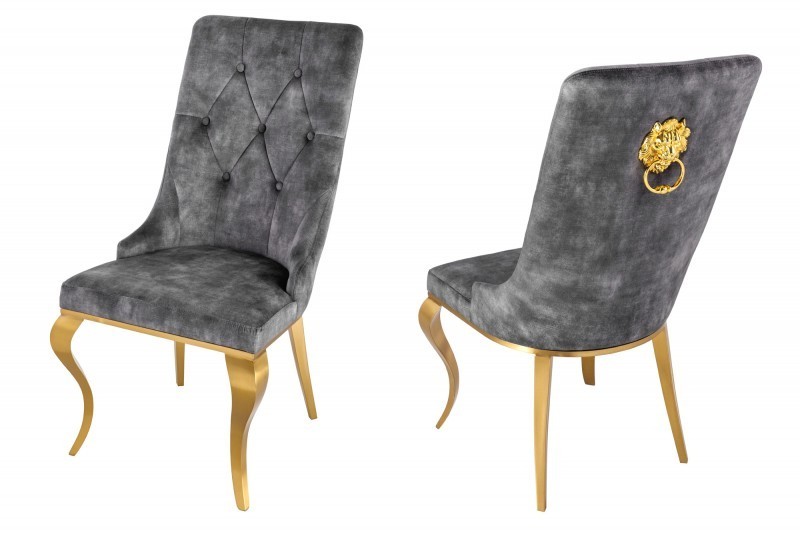 Chaises design capitonné PAULA avec pied baroque en acier inoxydable, velours, gris, doré Chaises design capitonné PAULA avec pied baroque en acier inoxydable, velours, gris, doré