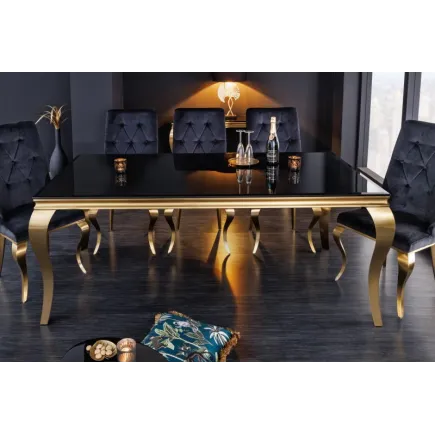 TABLE DE SALLE À MANGER 180cm DESIGN BAROQUE EN ACIER DORÉ ET VERRE OPALE NOIR 2