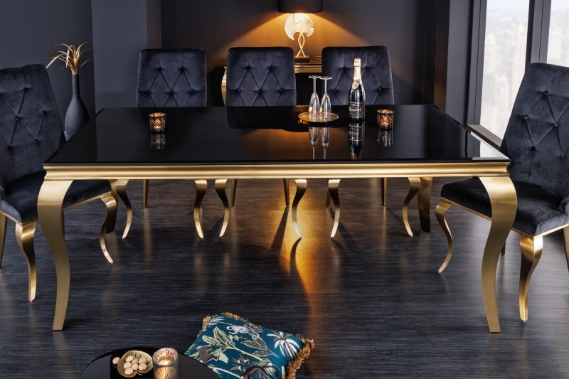 TABLE DE SALLE À MANGER 200cm DESIGN BAROQUE EN ACIER DORÉ ET VERRE OPALE NOIR