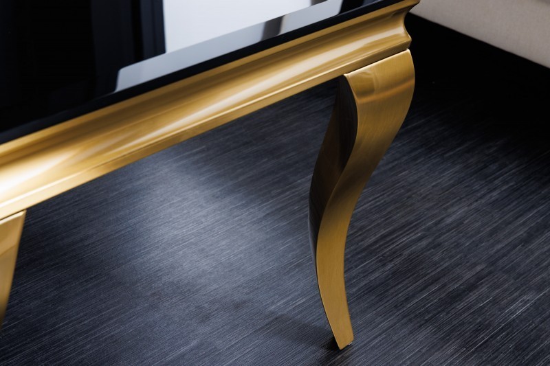Table basse 100cm verre opale noir de style baroque pieds doré