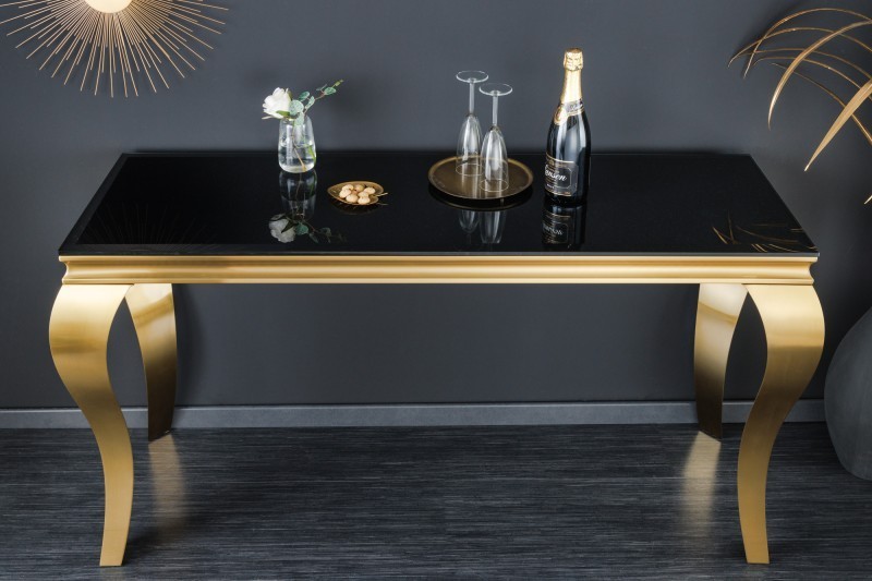 Console design baroque de 140cm verre opale noir pieds doré