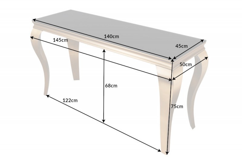 Console design baroque de 140cm verre opale noir pieds doré