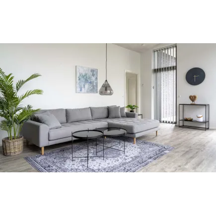 Canapé d'angle droit design coloris gris clair en tissu avec des pieds en bois naturel