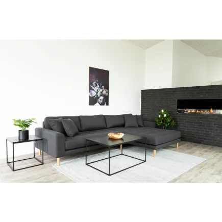 Canapé d'angle droit design coloris gris foncé en tissu avec des pieds en bois naturel