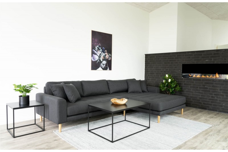 Canapé d'angle droit design coloris gris foncé en tissu avec des pieds en bois naturel