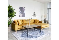 Canapé d'angle droit design en velours jaune moutarde avec des pieds en bois naturel