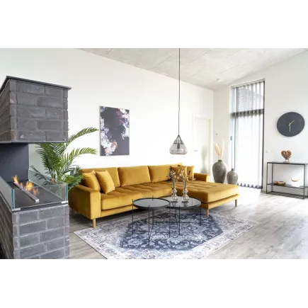 Canapé d'angle droit design en velours jaune moutarde avec des pieds en bois naturel 2