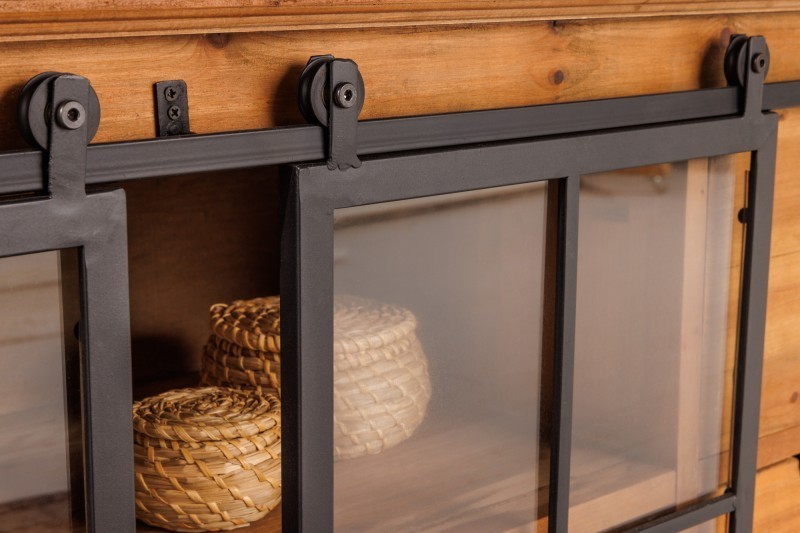 Bahut massif HENRY 150cm sapin naturel portes industrielles vitrine métal