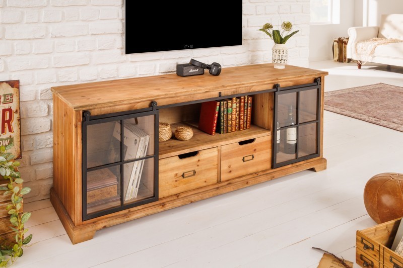 Meuble TV HENRY en bois sapin industriel 160 cm avec 2 portes coulissantes