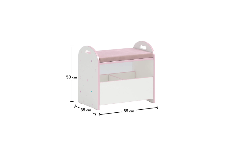 Banc avec coffre de rangement design princesse coloris rose et blanc