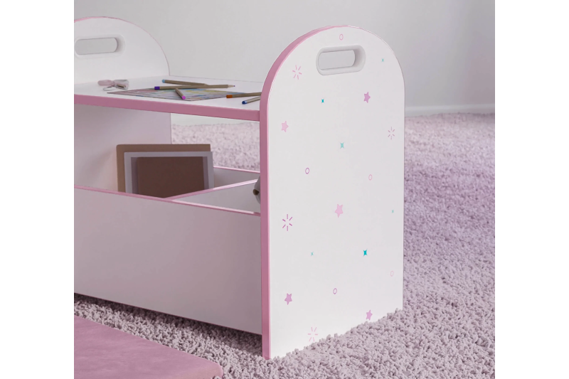 Banc avec coffre de rangement design princesse coloris rose et blanc