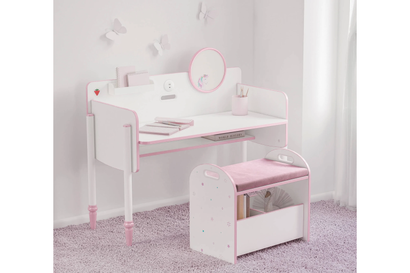 Banc avec coffre de rangement design princesse coloris rose et blanc