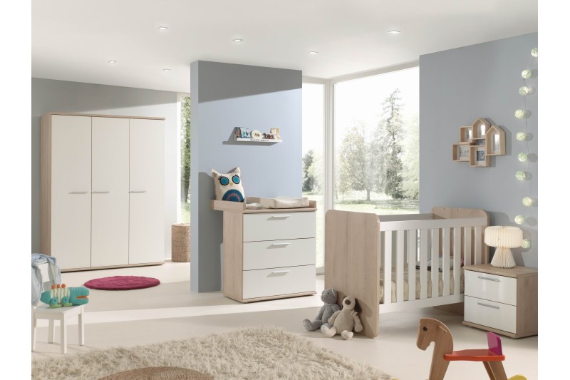 Chambre bébé avec Lit convertible, Commode à langer, Table chevet, coloris chêne(clair) / Blanc