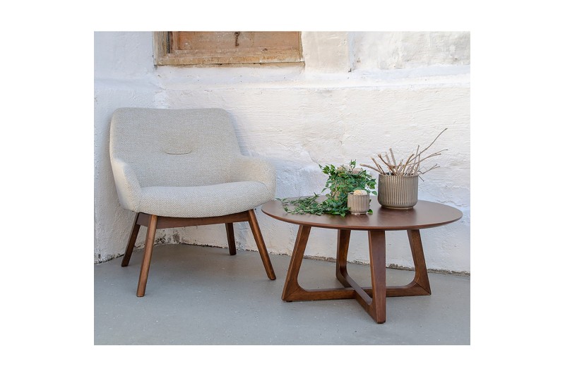 Fauteuil longue LONDON revetement tissu cooris sable avec pieds en noyer