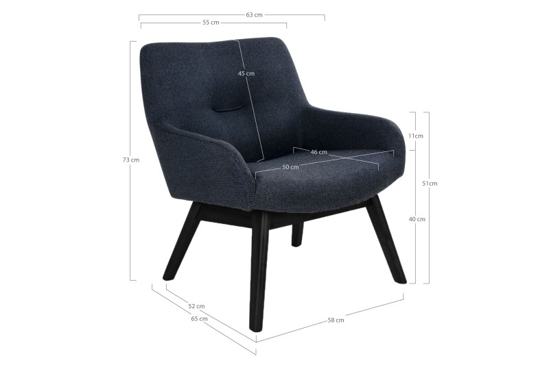 Fauteuil longue LONDON revetement tissu coloris gris foncé avec pieds en bois noir
