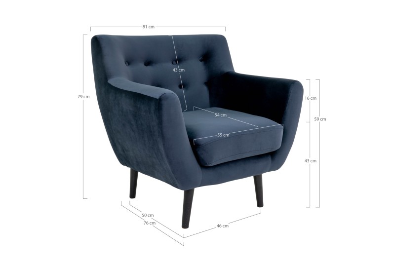 Fauteuil design scandinave en tissu bleu de nuit avec pieds en bois naturel